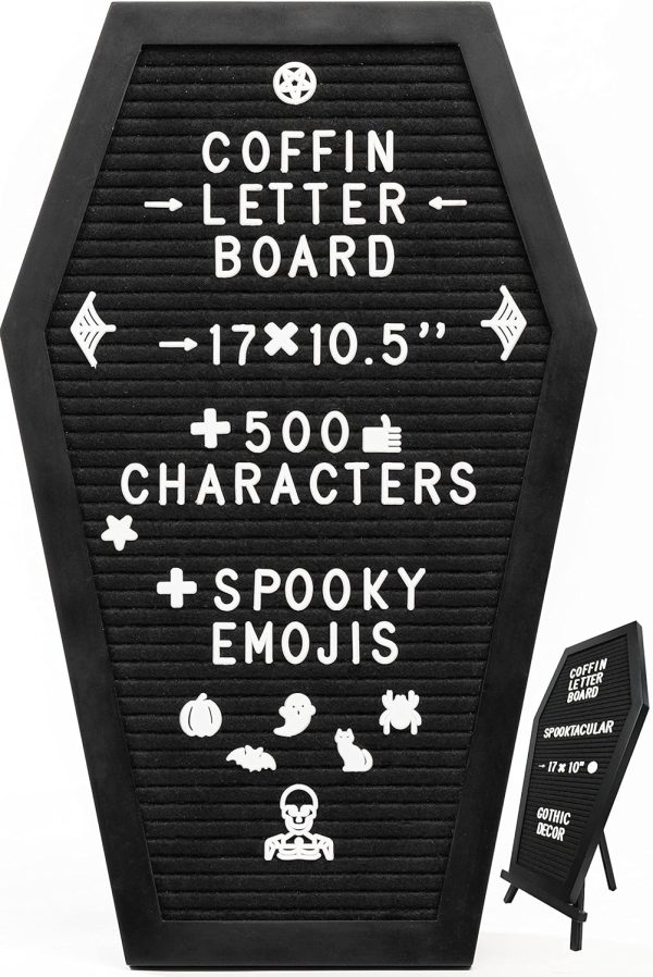 Coffin Letter Board Black With Spooky And All Seasons Emojis +500 Characters, And Wooden Stand - 17X10.5 Inches - Halloween Decorations Gothic Decor Spooky Gifts