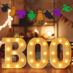 Halloween Decorations - Led Marquee Light Up Letters “Boo” Lights + Ghost Banner For Home Indoor Kitchen Fireplace Party Table Decor Supplies (Batteries Not Included)