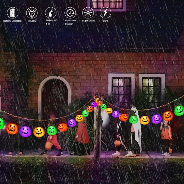 Battery Operated Halloween Pumpkin Lights, 30 Led, 8 Modes, Waterproof, Indoor Outdoor Use(Orange & Purple & Green Red)