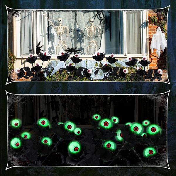 Vihose 4 Pack Solar Halloween Eyeball Lights 16 Led Eyeball Flower Halloween Decor Outdoor Swaying Firefly Black Flower With Scary Eyeball Lights For Yard Garden Pathway Halloween Decoration(Green)