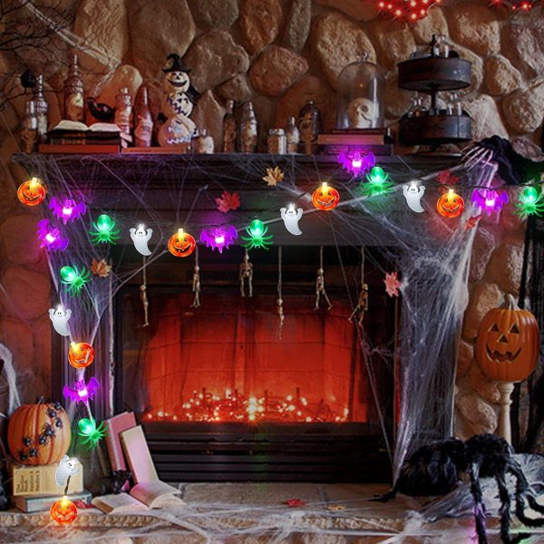 Halloween Lights 20Ft 40 Led Pumpkin Bat Spider Ghost Halloween String Lights Battery Operated With Timer, 8 Light Mode Waterproof Indoor Outdoor Halloween Decorations Light Home Yard Window Decor