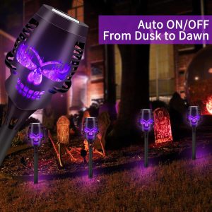 Liveasily 8 Pack Solar Torch Skull Light With Flickering Flame, Outdoor Waterproof Solar Halloween Skull Lights Decorations, Solar Torches Landscape Pathway Lights For Halloween Decor (Purple)