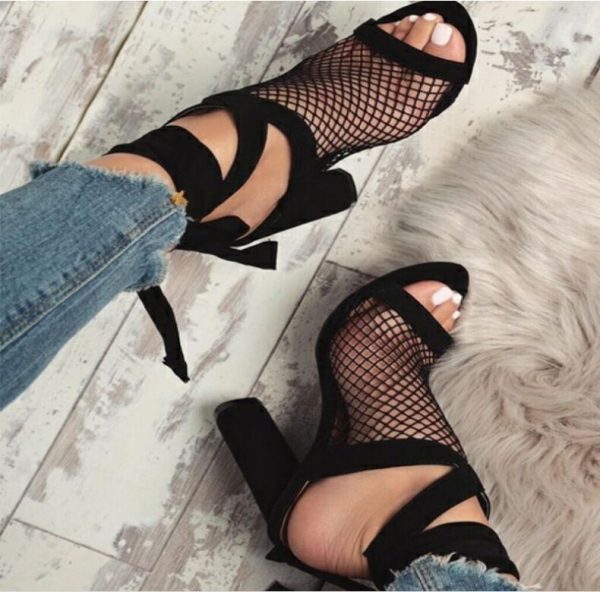 Bandage Flock Cross Strap Lace Up High Heels Sandals