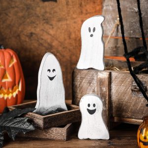 Halloween Tiered Tray Decor Set Of 3, Wooden Ghosts Decor, Wooden Ghost Theme Table Centerpieces For Home Décor Shelf Mantel