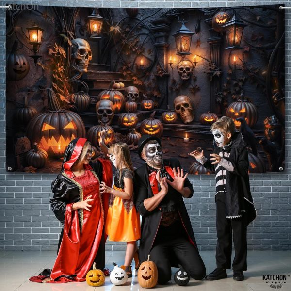 Katchon, Xtralarge Spooky Halloween Backdrop - 72X44 Inch | Halloween Banner For Pumpkin Halloween Decorations | Halloween Photo Backdrop | Halloween Pumpkin Banner For Halloween Party Decorations