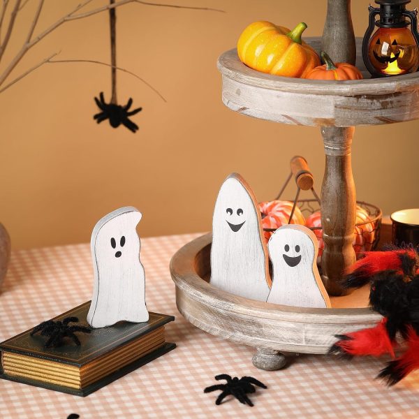 Halloween Tiered Tray Decor Set Of 3, Wooden Ghosts Decor, Wooden Ghost Theme Table Centerpieces For Home Décor Shelf Mantel