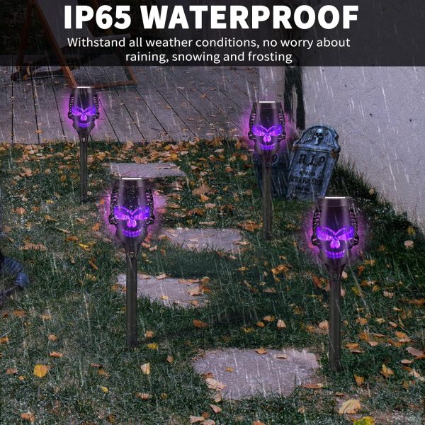 Liveasily 8 Pack Solar Torch Skull Light With Flickering Flame, Outdoor Waterproof Solar Halloween Skull Lights Decorations, Solar Torches Landscape Pathway Lights For Halloween Decor (Purple)