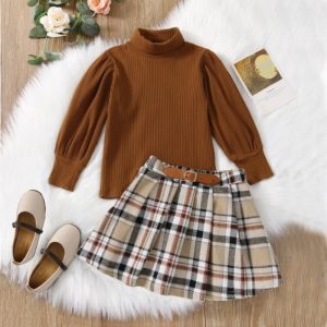 Autumn And Winter Brown Mid High Collar Winter Skirt Suit