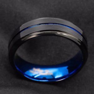 Stainless Steel Black Slotted Ring Inner Blue Men'S Ring