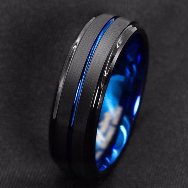 Stainless Steel Black Slotted Ring Inner Blue Men'S Ring