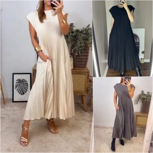 Women Pleated Simple Solid Colour Dress