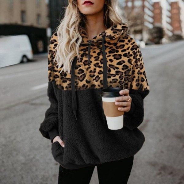 Leopard Print Hooded Sweater Loose Fall Winter Women Hoodies