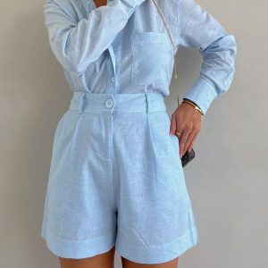 Women'S Casual Linen Blouse And Shorts Set