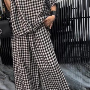 Women'S Comfortable Plaid Top And Pants TwoPiece Set