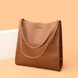 Solid Color Genuine Leather Shoulder Bag