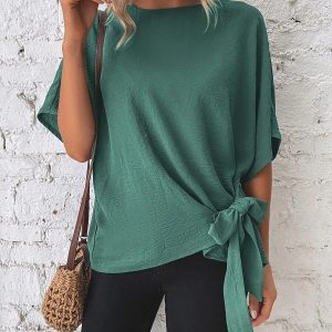 Women'S Cotton And Linen Crewneck Tie Knot Top