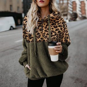 Leopard Print Hooded Sweater Loose Fall Winter Women Hoodies