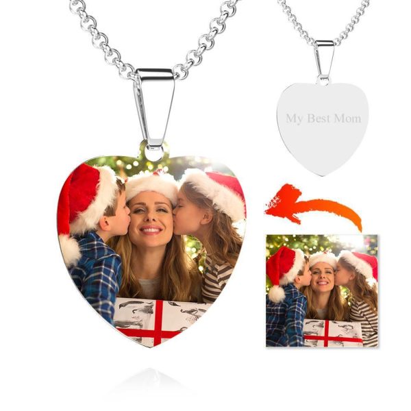 Stainless Steel Photo Heart Tag Necklace Engraved Pendant