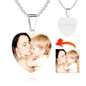 Stainless Steel Photo Heart Tag Necklace Engraved Pendant