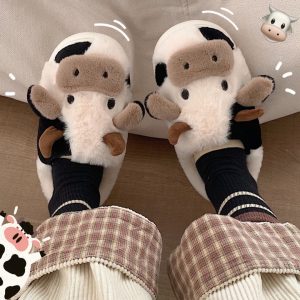 Soft Fluffy Winter Warm Cute Cartoon Milk Cow House Slippers