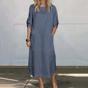 Women'S Cotton And Linen Solid Color Loose Dresses