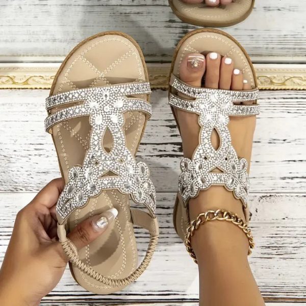 Chic Floral Rhinestone Flat Sandals