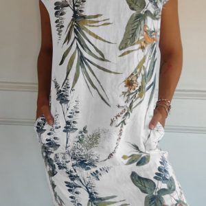 Women'S Cotton & Linen Round Neck Printed Dress