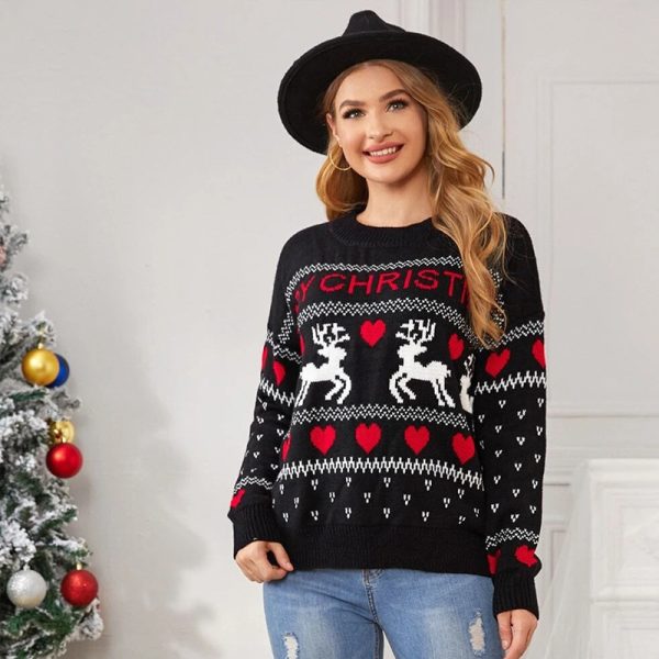 Christmas Knitted Sweater With Cute Elk And Heart Print