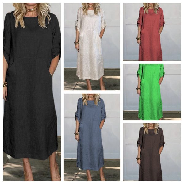 Women'S Cotton And Linen Solid Color Loose Dresses