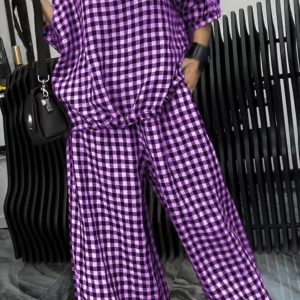 Women'S Comfortable Plaid Top And Pants TwoPiece Set