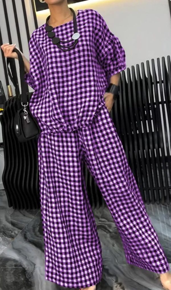 Women'S Comfortable Plaid Top And Pants TwoPiece Set