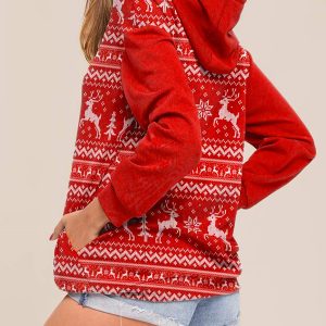 Hooded Sweater With Christmas Elk Print And Long Sleeves