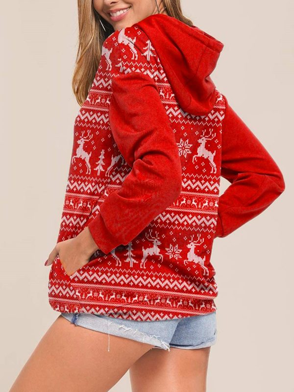 Hooded Sweater With Christmas Elk Print And Long Sleeves