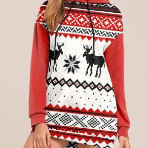 Hooded Sweater With Christmas Elk Print And Long Sleeves