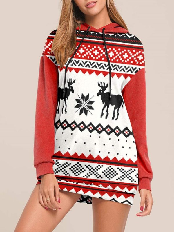 Hooded Sweater With Christmas Elk Print And Long Sleeves