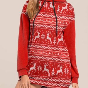 Hooded Sweater With Christmas Elk Print And Long Sleeves