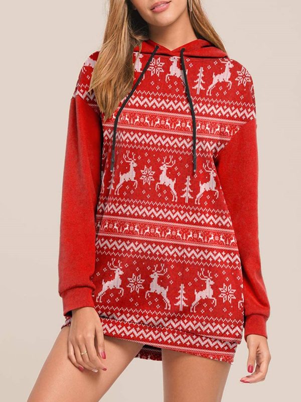 Hooded Sweater With Christmas Elk Print And Long Sleeves