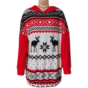 Hooded Sweater With Christmas Elk Print And Long Sleeves