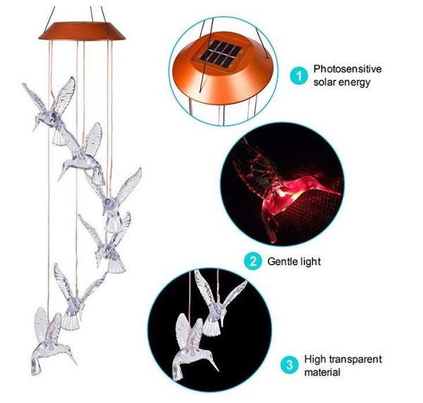 Led Solar Wind Chime Light Hummingbird Color Changing Wind Chime Light