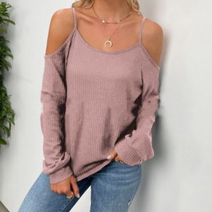 Long-Sleeved Waffle Shoulder Strap Top