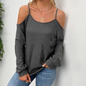 Long-Sleeved Waffle Shoulder Strap Top