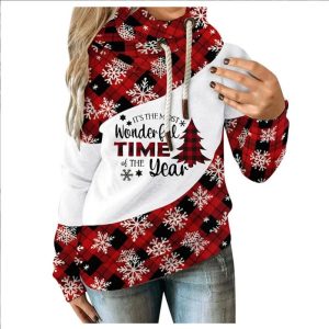 Loose Printed Contrast Color Fleece Hooded Casual Sweater