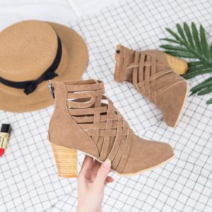 Pointed Thick Heel Hollow Short Boots