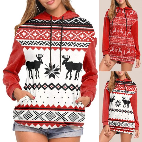 Hooded Sweater With Christmas Elk Print And Long Sleeves