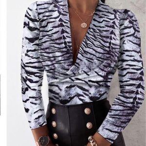 Long Sleeve V-Neck Leopard Print Ladies Blouse