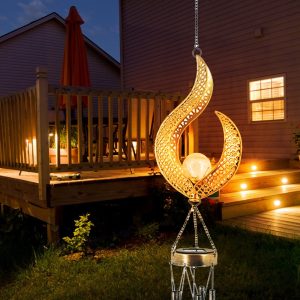 Solar Wrought Iron Wind Chime Lamp Hollow Flame Sun Moon Lamp Garden Flame Suspension