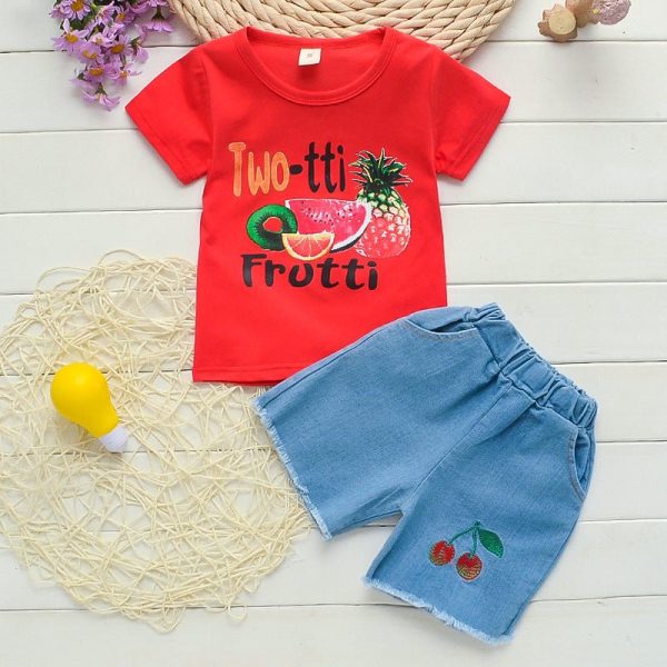 Summer Girls Fruit Print Casual Short-Sleeved T-Shirt Two-Piece Suit