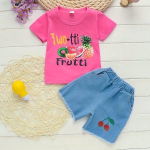 Summer Girls Fruit Print Casual Short-Sleeved T-Shirt Two-Piece Suit